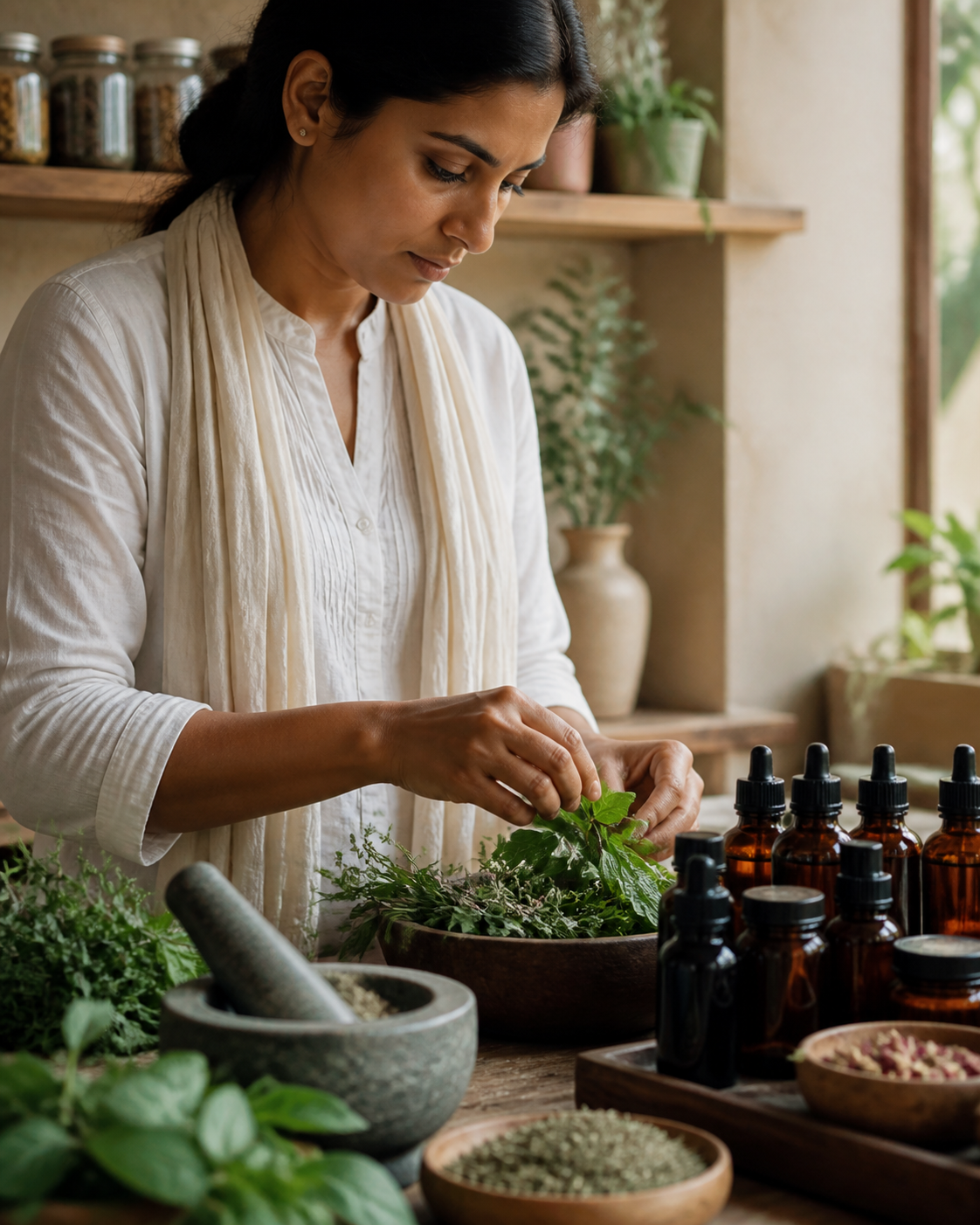 Wellness practitioner preparing a thoughtful herbal selection