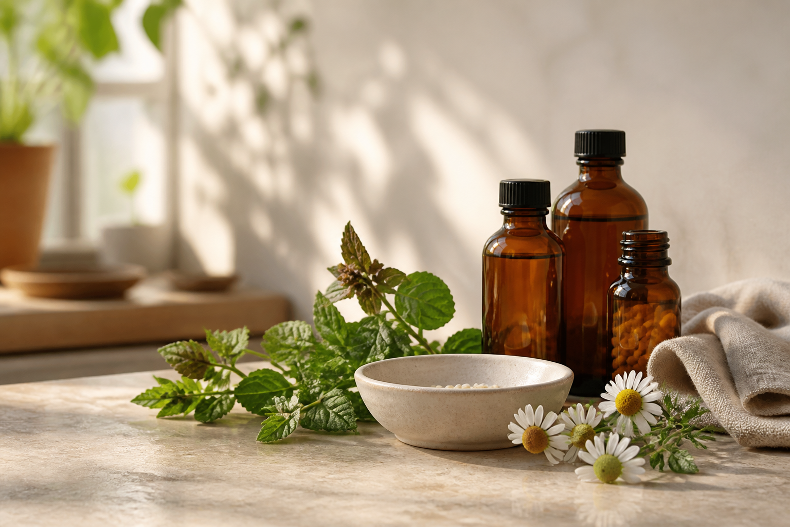 Natural wellness remedies with fresh herbs and chamomile